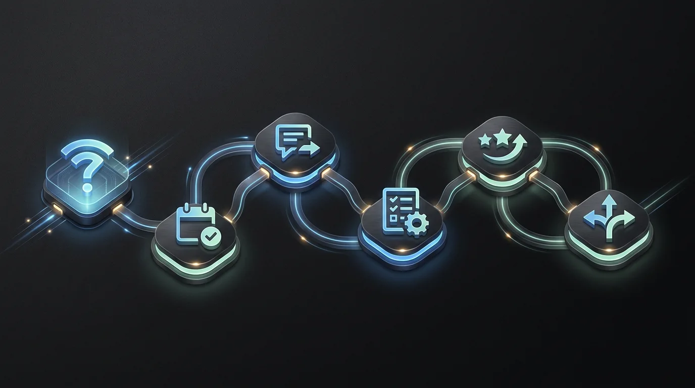Six connected patient journey stages representing inquiry, consultation, follow-up, onboarding, review, and referral