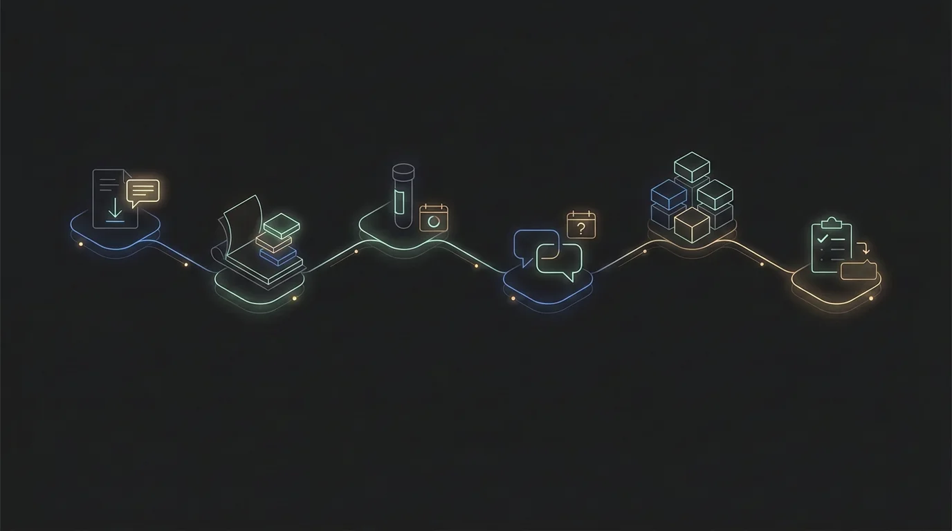 Six connected stages representing a free offer, nurture, lab offer, results call, signature program, and onboarding
